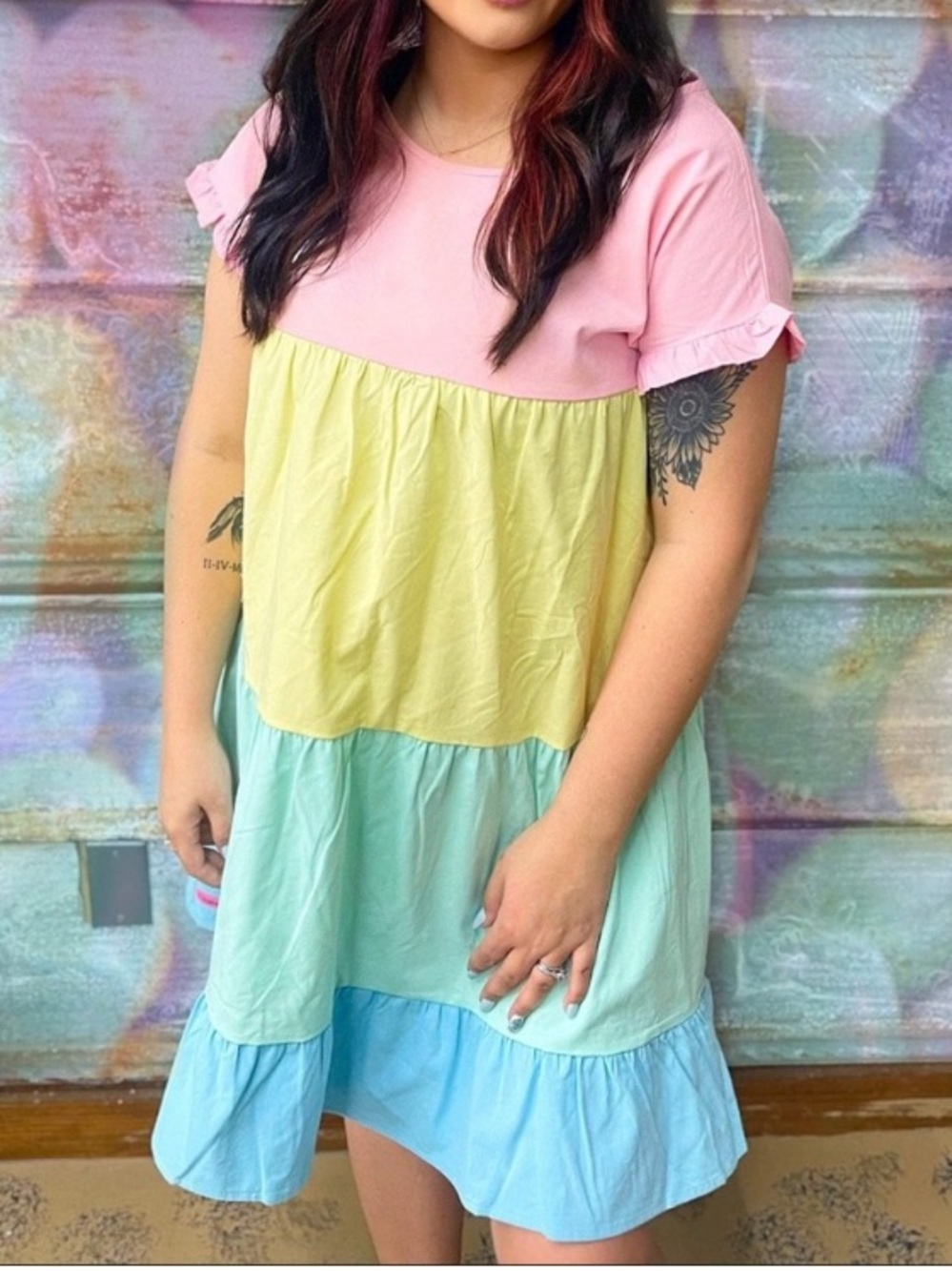 Simply southern rainbow cotton colorblock babydoll mini dress ruffle Large